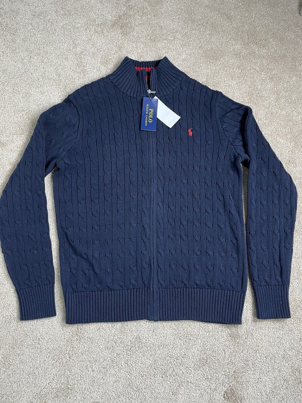 NWT Polo Ralph Lauren Youth XL 18-20 Navy Cable Knit Full Zip Sweater Preppy